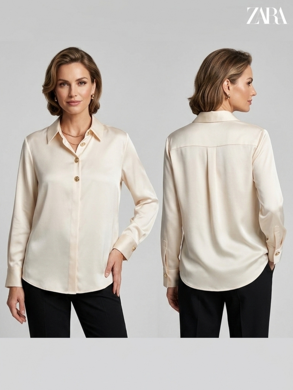 Zara Long-Sleeve Blouse (Cream, Size L)